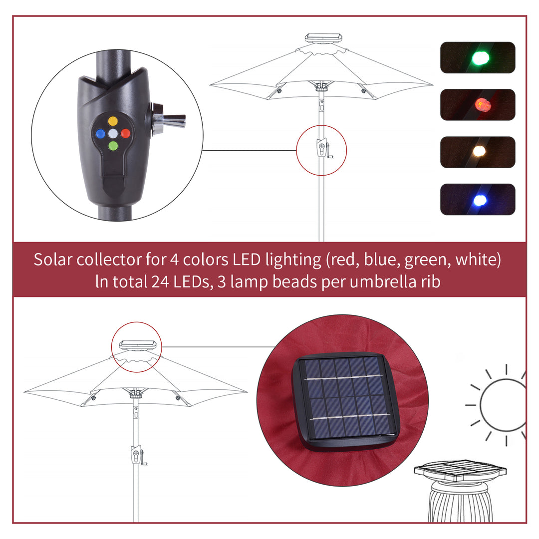 Garden 24 LED Light Parasol Sun Shade w/ Hand Crank and 8 Ribs 2.7M Red