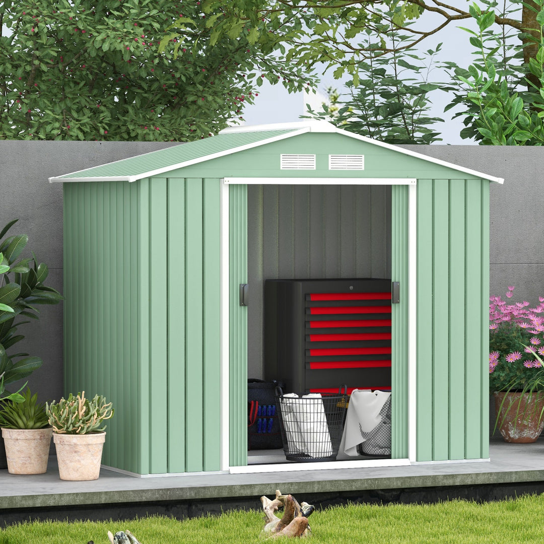7ft x 4ft Lockable Garden Metal Storage Shed Large Patio Roofed Tool Storage Building Foundation Sheds Box Outdoor Furniture, Light Green