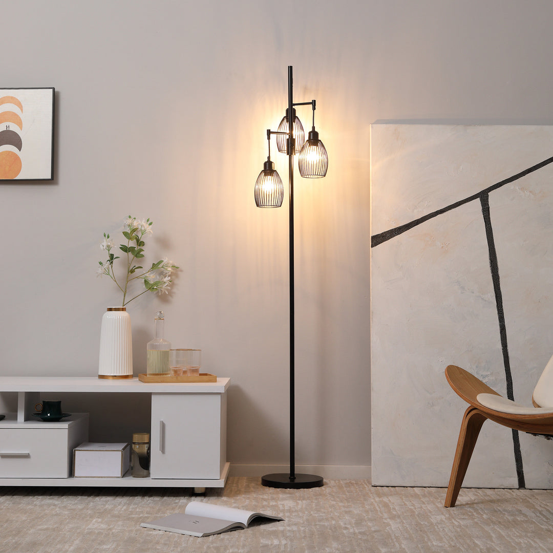 Industrial 3-Light Floor Lamp, Dimmable Standing Lamp with Metal lampshades for Living Room, Bedroom, Dinging Room, Study, Black