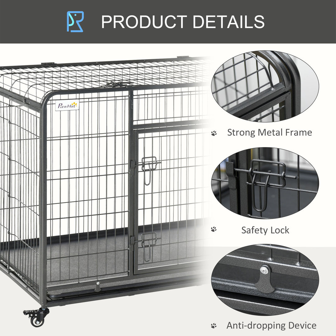 PawHut Heavy Duty Dog Crates Foldable Doge Kennel and Dog Cage Pet Playpen with Double Doors Removable Tray Lockable Wheels 125cm x 76cm x 81cm.