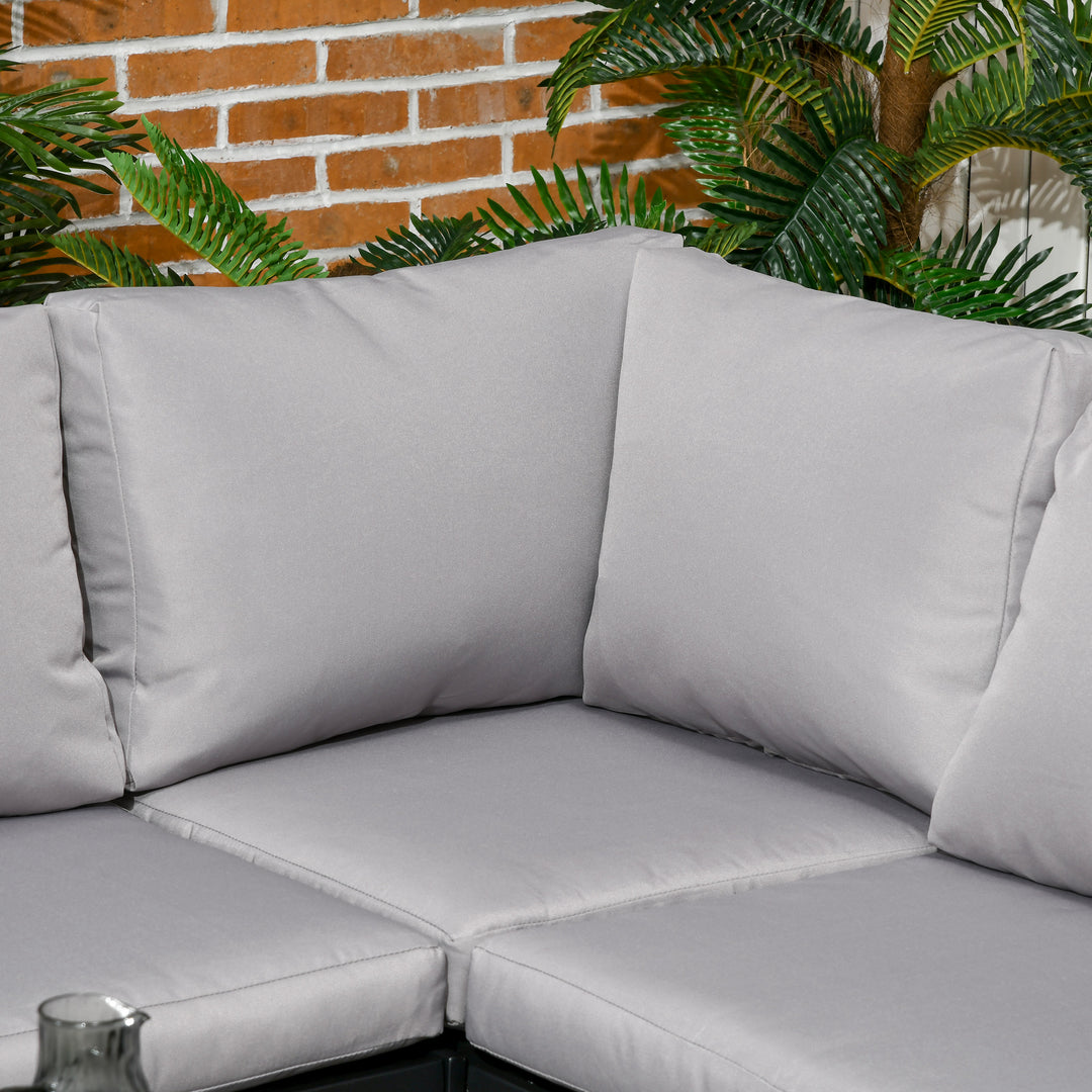 4 Piece Garden Furniture Set Metal Sofa Set w/ Tempered Glass Coffee Table, Conversational Corner Sofa Loveseat w/Padded Cushions Light Grey