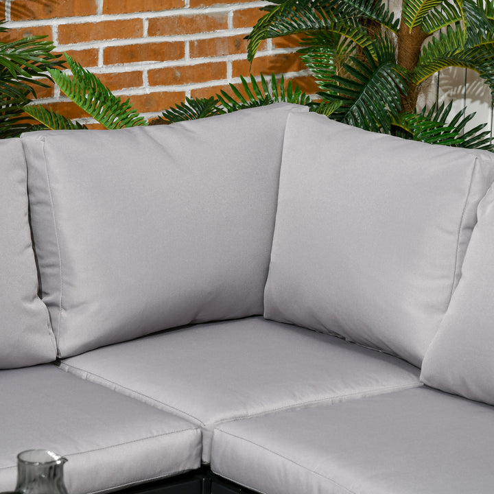 4 Piece Garden Furniture Set Metal Sofa Set w/ Tempered Glass Coffee Table, Conversational Corner Sofa Loveseat w/Padded Cushions Light Grey