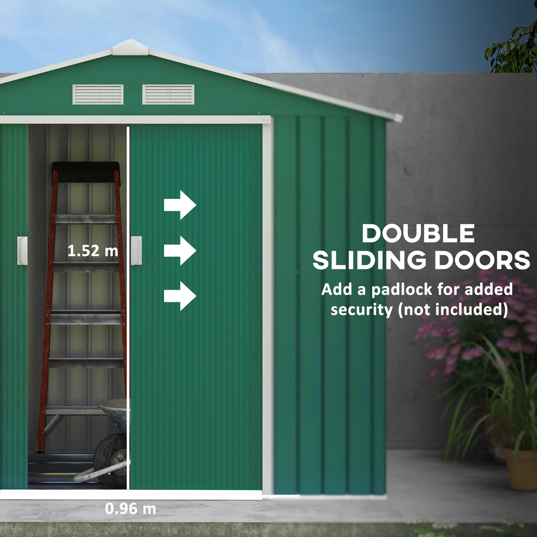 Outsunny 7ft x 4ft Lockable Garden Shed Large Patio Roofed Tool Metal Storage Building Foundation Sheds Box Outdoor Furniture, Green