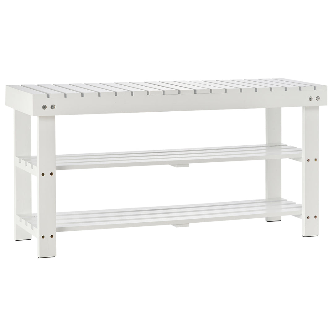 Shoe Bench, 3-Tier Wooden Shoe Rack with Hidden Storage Compartment, Slatted Shelves, Home Storage Unit, Hallway Furniture, White