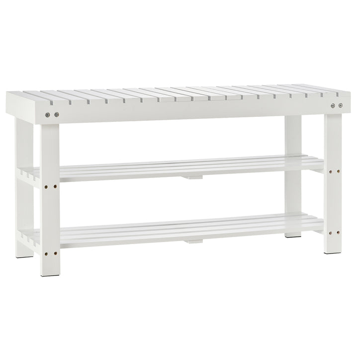Shoe Bench, 3-Tier Wooden Shoe Rack with Hidden Storage Compartment, Slatted Shelves, Home Storage Unit, Hallway Furniture, White