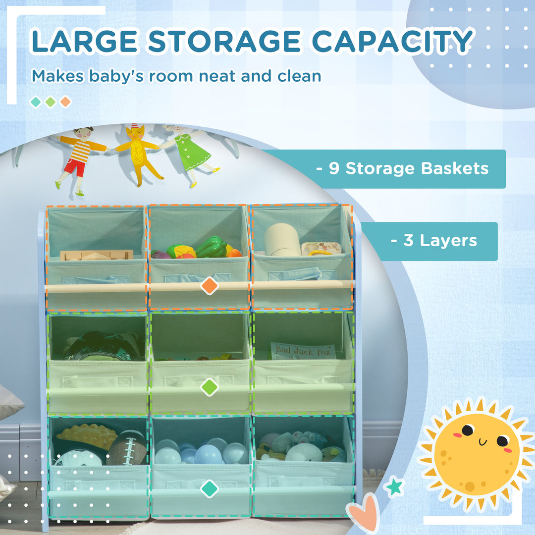 Kids Storage Unit with 9 Removable Storage Baskets, Toy Box Organiser with Shelf, Book Shelf for Nursery Playroom, Blue