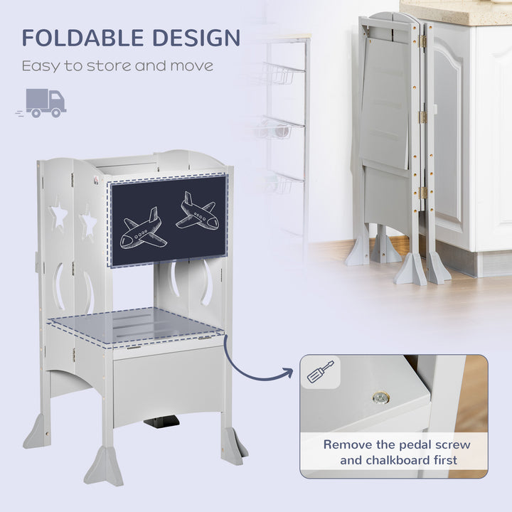 Kids Step Stool with Blackboard Lockable Handrail - Grey
