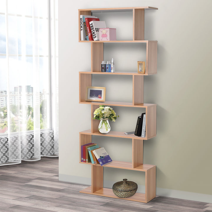 Wooden Wood S Shape Storage Display 6 Shelves Room Divider Unit Chest Bookshelf Bookcase Cupboard Cabinet Home Office Furniture (Maple)