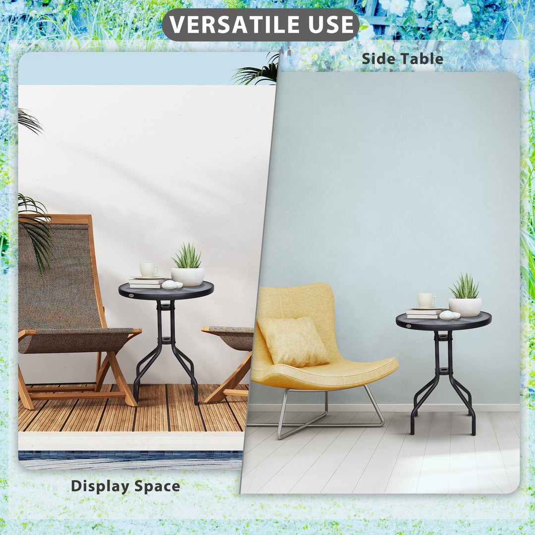 60×70H cm Round Metal Table, Garden Table Tempered Glass-Black