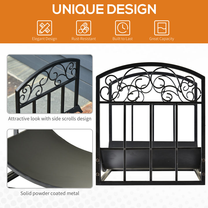 Outsunny Wrought Iron Inner Arced Wood Log Holder Indoor Outdoor Storage Shelf w/ Elegant Scrolls Rust-Resistant Stacker Black