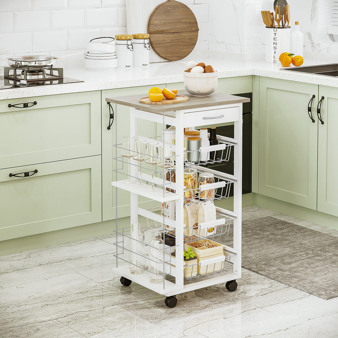 Rolling Kitchen Cart, Utility Storage Cart with 4 Basket Drawers & Side Racks, Wheels for Dining Room, Brown