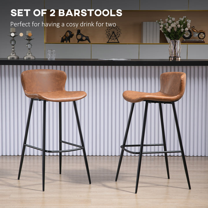 Bar Stools Set of 2, PU Leather Upholstered Bar Chairs, Kitchen Stools with Backs and Steel Legs for Dining Room, Brown