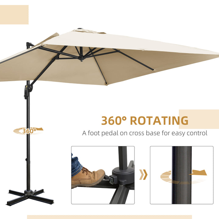 2.7 x 2.7 m Cantilever Parasol, Square Overhanging Umbrella with Cross Base, Crank Handle, Tilt, 360° Rotation, Aluminium Frame, Cream White