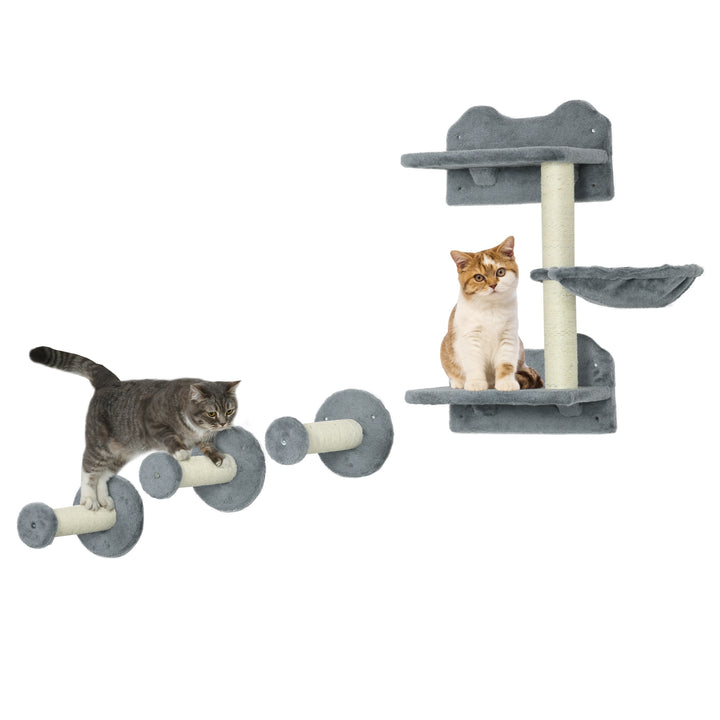 PawHut Four-Piece Cat Shelf with Scratching Post, Wall-Mounted Cat Tree for Indoor Cat - Grey