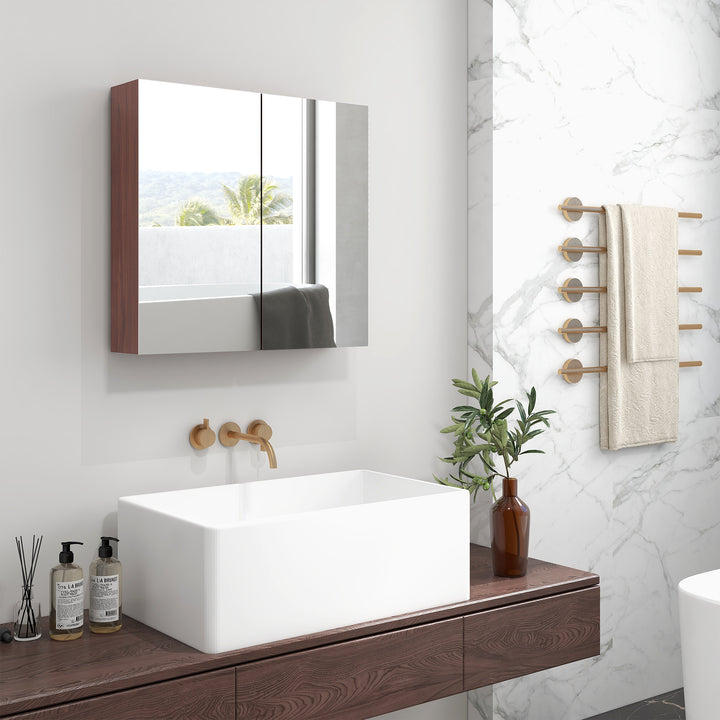 Wall Mounted Glass Bathroom Mirror Cabinet Storage Shelf, 63Wx60Hx13.5T cm-Light Walnut