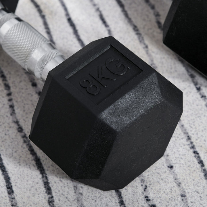HOMCOM Rubber Hex Dumbbells, Sports Hex Weights Sets, Home Gym Fitness, Hexagonal Dumbbells Kit Weight Lifting Exercise (2 x 8kg)