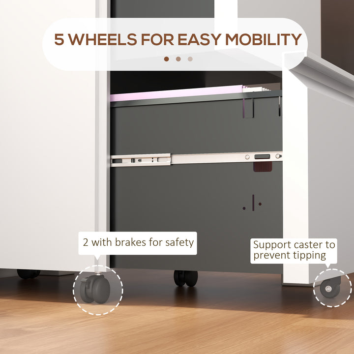 Vinsetto 2-Drawer Mobile Filing Cabinet on Wheels, Steel Lockable File Cabinet with Adjustable Hanging Bar for Letter, A4 and Legal Size, White