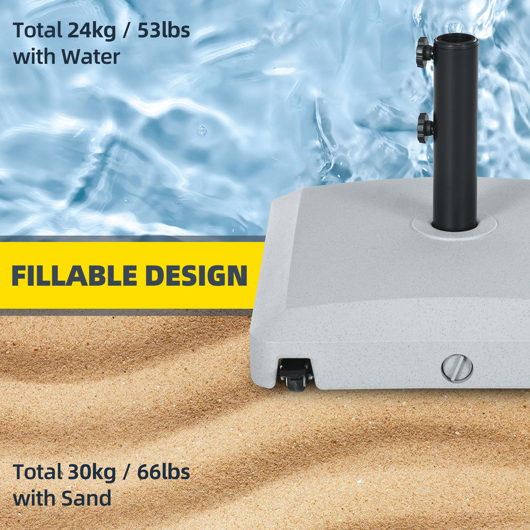 Garden Parasol Base Holder, 24kg Water or 30kg Sand Filled, Outdoor Market Umbrella Stand Weight with Wheels and Brakes, Grey