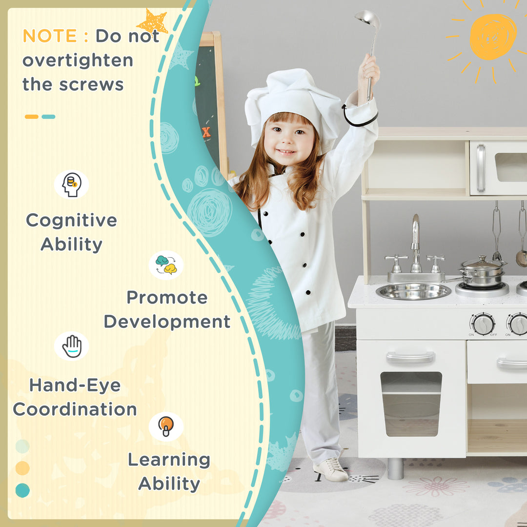HOMCOM Kids Kitchen Playset Luxury Kitchen Accessories Set Pretend Cooking Set with Telephone Ice Machine, White