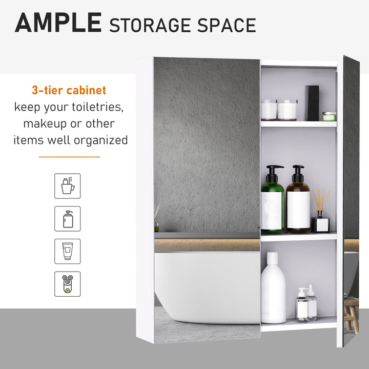 Bathroom Mirror Cabinet Wood Storage Shelf Wall Mount Double Door Cupboard Adjustable 60Wx15Dx75H - White