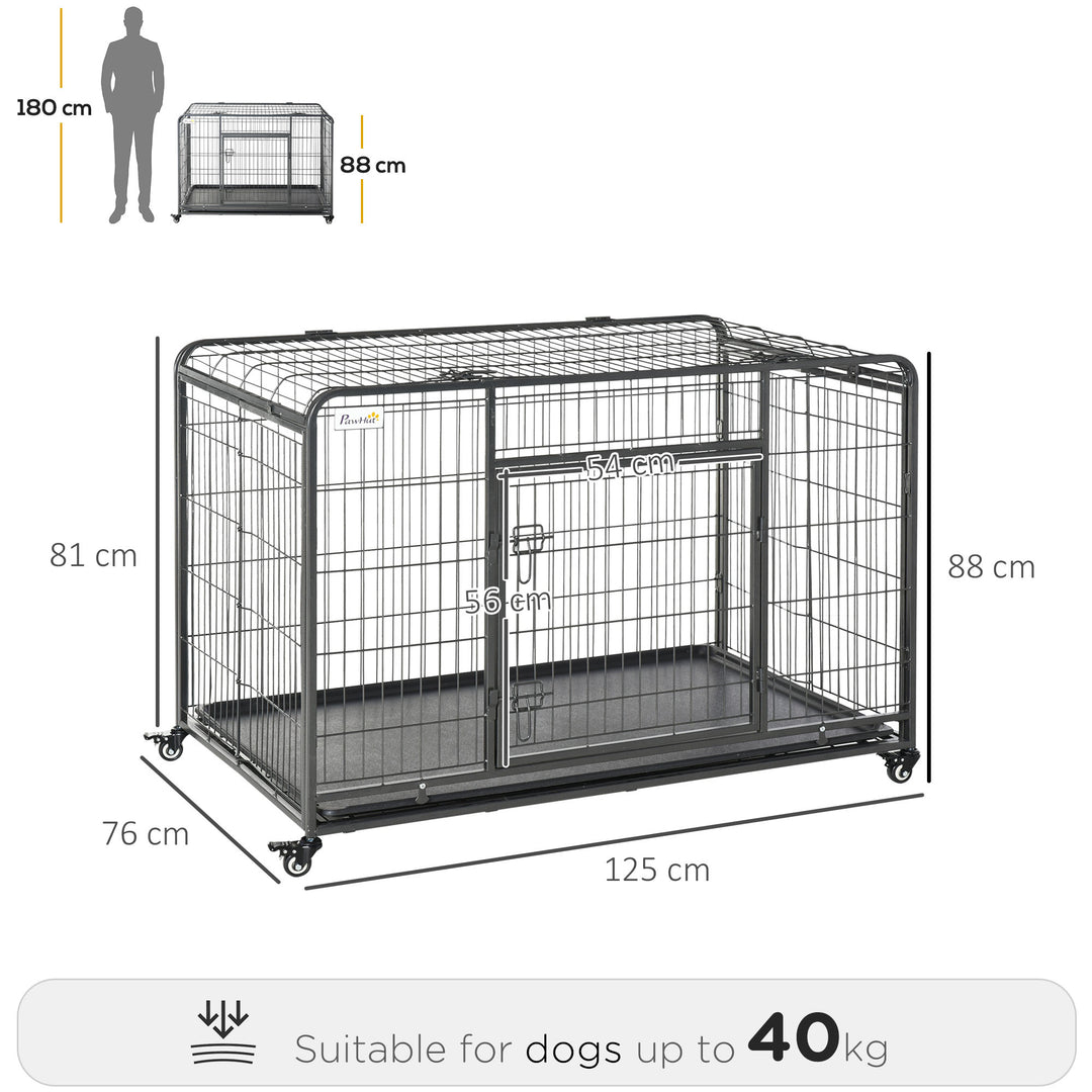 PawHut Heavy Duty Dog Crates Foldable Doge Kennel and Dog Cage Pet Playpen with Double Doors Removable Tray Lockable Wheels 125cm x 76cm x 81cm.