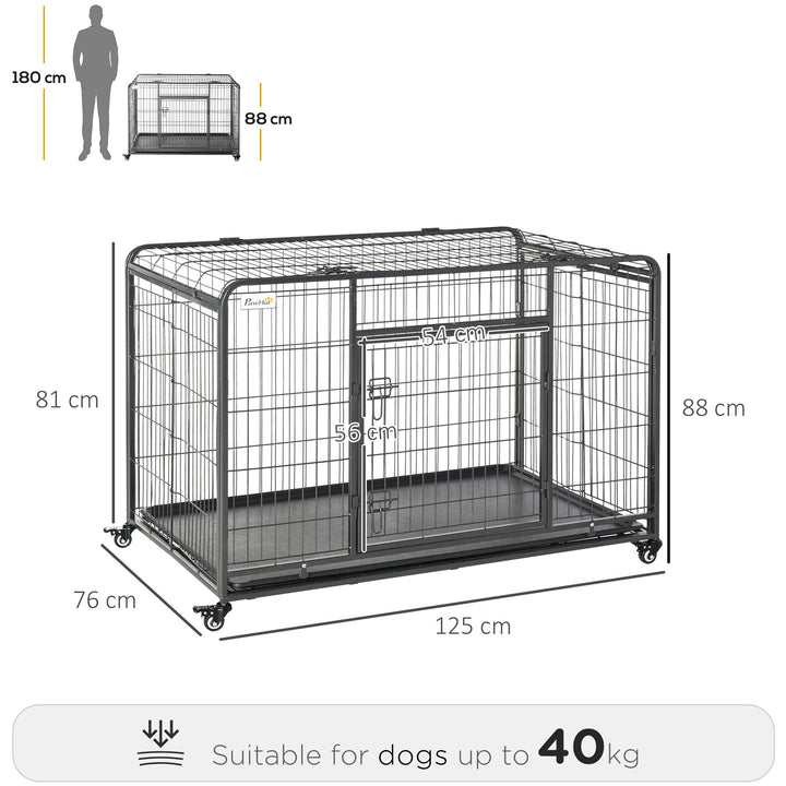 PawHut Heavy Duty Dog Crates Foldable Doge Kennel and Dog Cage Pet Playpen with Double Doors Removable Tray Lockable Wheels 125cm x 76cm x 81cm.