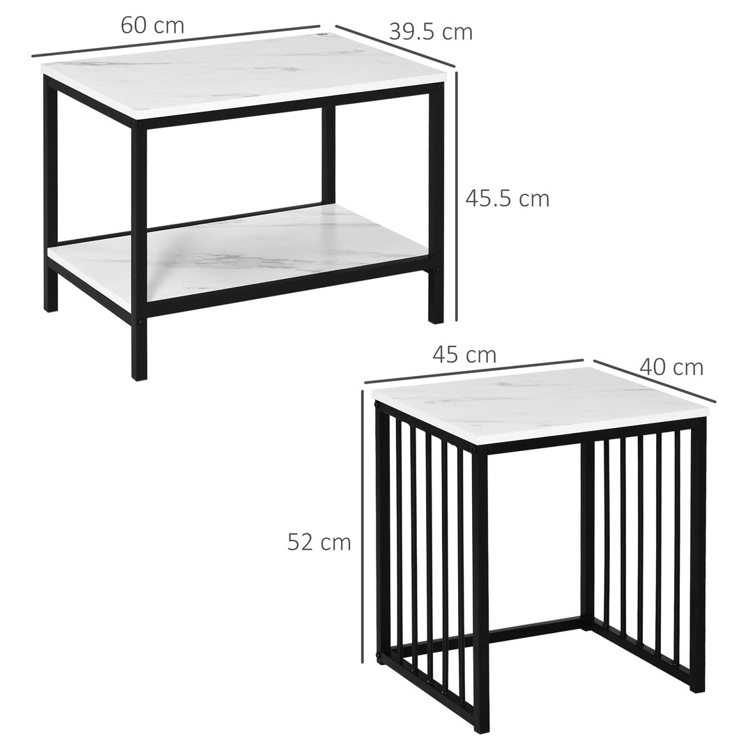 HOMCOM Modern Coffee Table Set of Two, Marble-Effect Nest of Tables with Steel Frame for Living Room, White and Black
