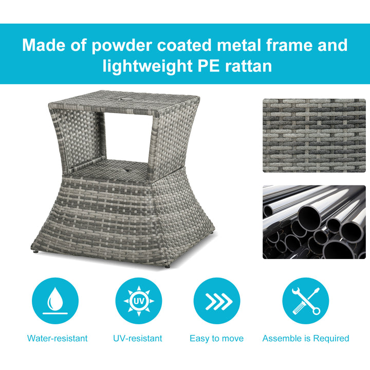 Outdoor Patio Rattan Wicker Coffee Table Bistro Side Table w/ Umbrella Hole and Storage Space, Grey