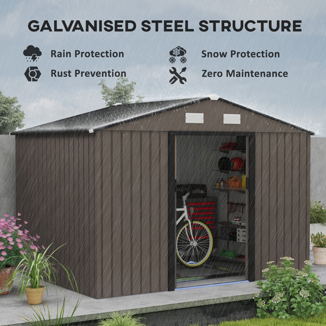 9 x 6FT Garden Metal Storage Shed Outdoor Storage Shed with Foundation Ventilation & Doors, Brown