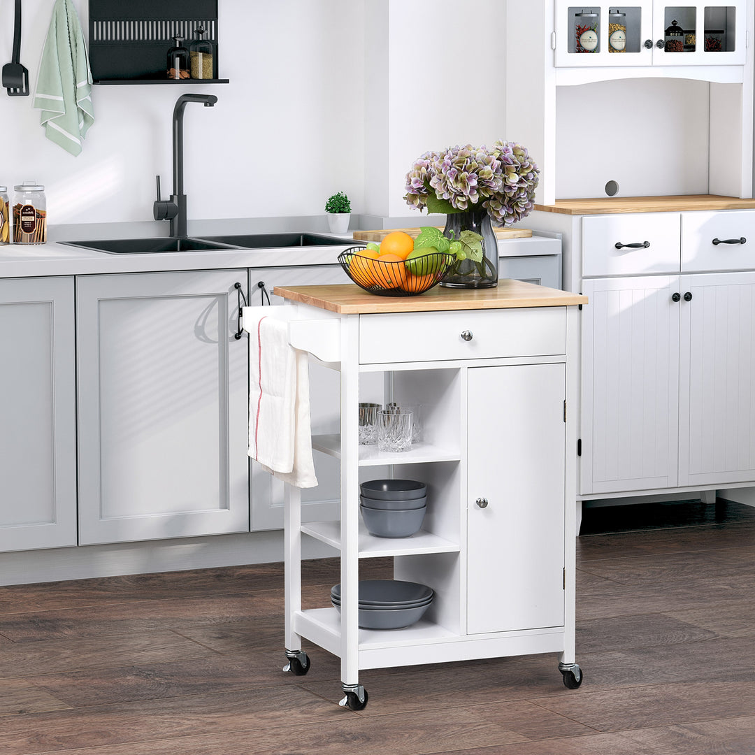 Kitchen Storage Trolley Unit w/ Wood Top 3 Shelves Cupboard Drawer Rail 4 Wheels Handles Moving Shelf Handy Spacesaver White