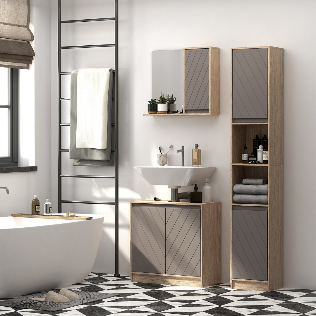 Freestanding Bathroom Storage Cabinet w/ 2 Cupboards 2 Compartments Home Organisation Anti-Tipping Elevated Base 30L x 24W x 170Hcm Grey&Brown