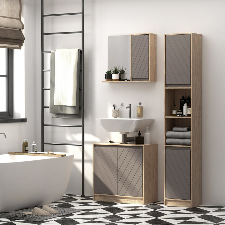 Freestanding Bathroom Storage Cabinet w/ 2 Cupboards 2 Compartments Home Organisation Anti-Tipping Elevated Base 30L x 24W x 170Hcm Grey&Brown