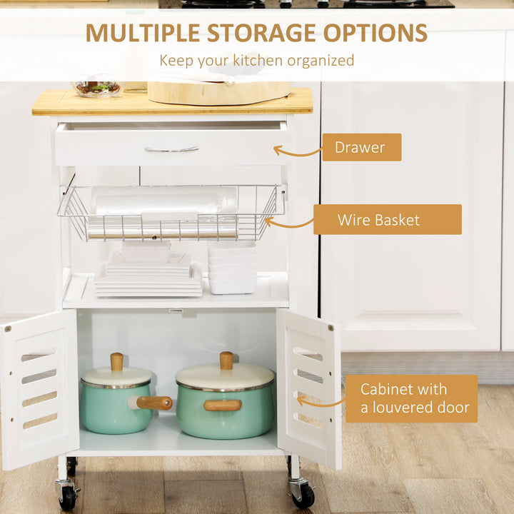 Rolling Kitchen Island Trolley Utility Cart on Wheels with Bamboo Table Top, Storage Cabinet, Drawer and Wire Basket - White