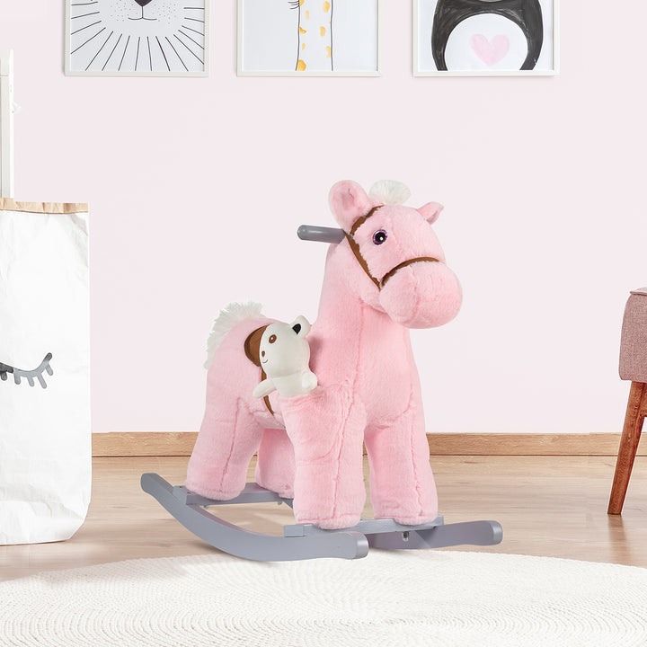 Kids Plush Ride-On Rocking Horse Toy Rocker with Plush Toy Realistic Sounds for Child 18-36 Months Pink