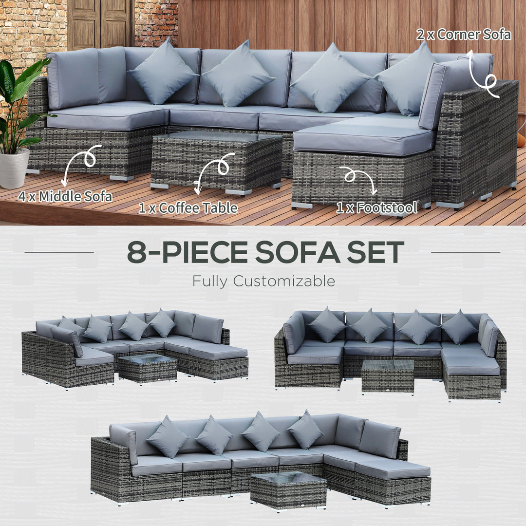 Outsunny 7-Seater Rattan Sofa Set Garden Furniture Aluminium Patio Set Wicker Seater w/Table, Grey