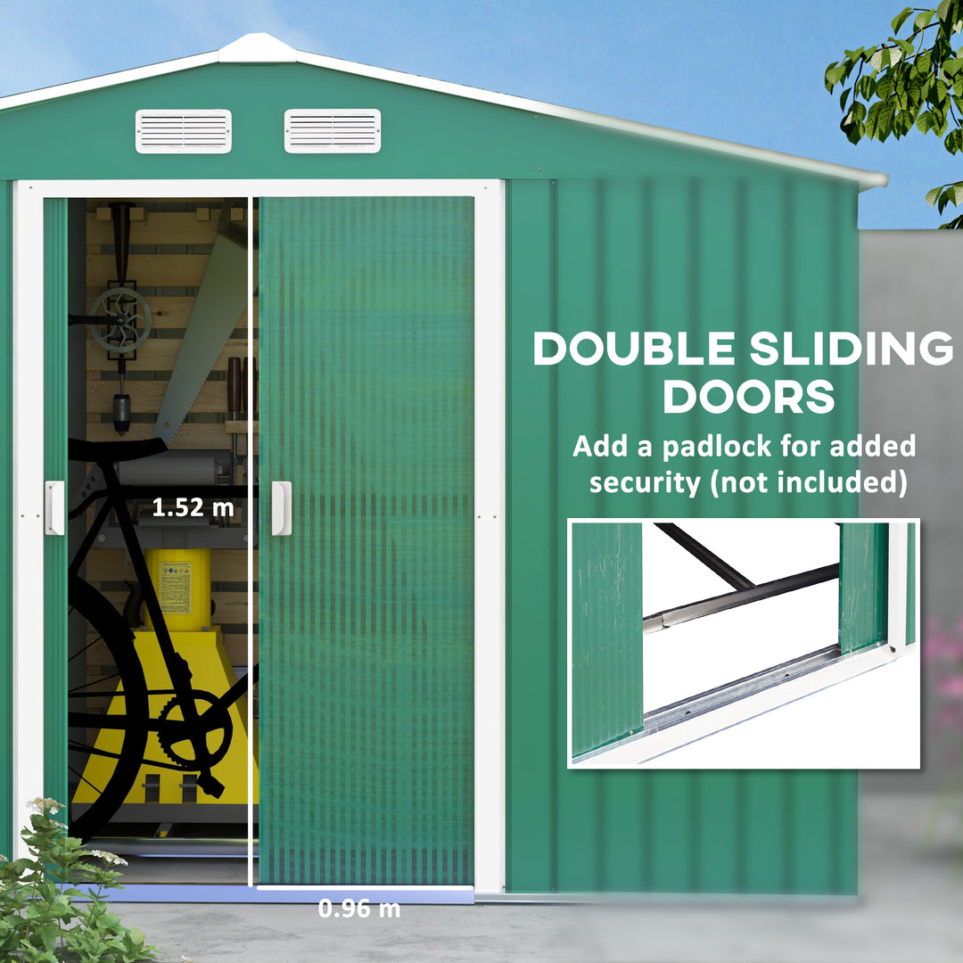 Outsunny Lockable Garden Shed Large Patio Tool Metal Storage Building Foundation Sheds Box Outdoor Furniture (9 x 6 FT, Green)