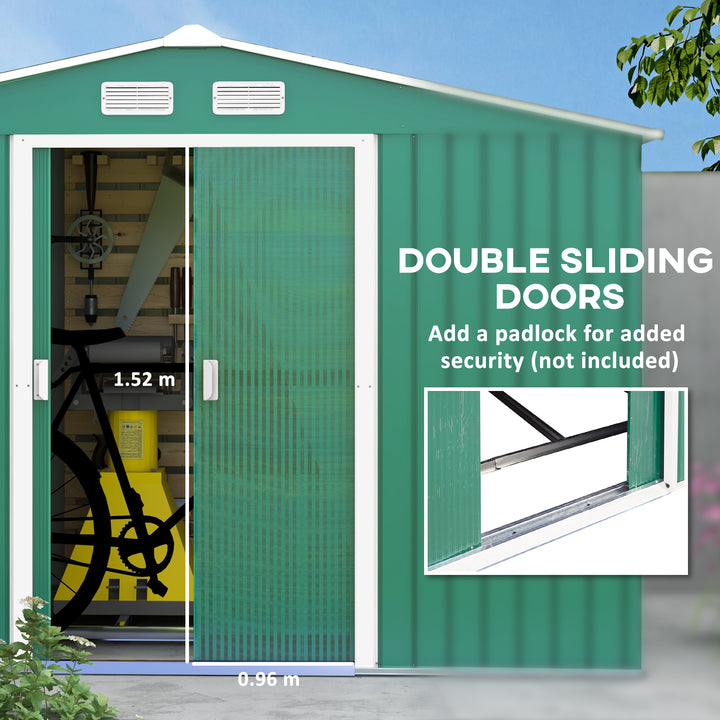 Outsunny Lockable Garden Shed Large Patio Tool Metal Storage Building Foundation Sheds Box Outdoor Furniture (9 x 6 FT, Green)