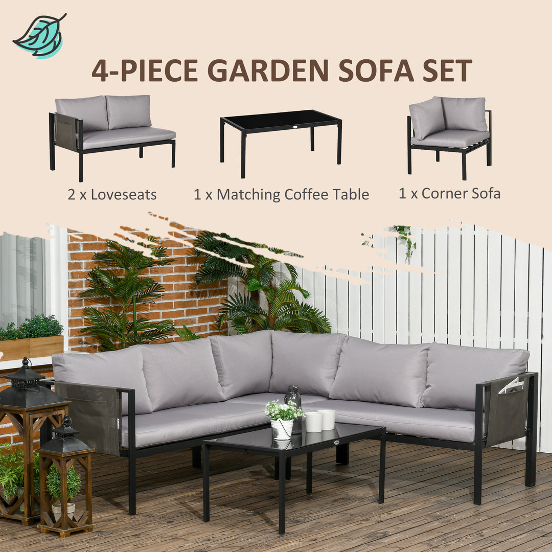 4 Piece Garden Furniture Set Metal Sofa Set w/ Tempered Glass Coffee Table, Conversational Corner Sofa Loveseat w/Padded Cushions Light Grey