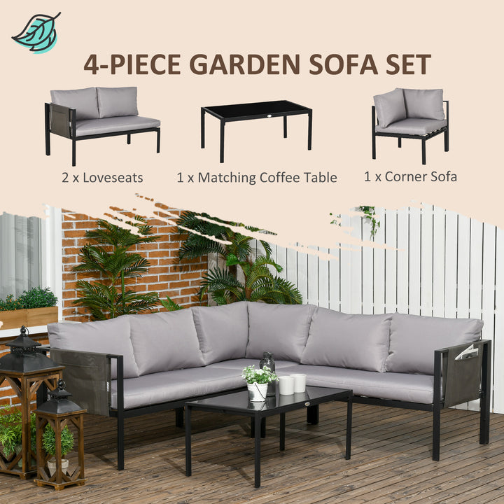 4 Piece Garden Furniture Set Metal Sofa Set w/ Tempered Glass Coffee Table, Conversational Corner Sofa Loveseat w/Padded Cushions Light Grey
