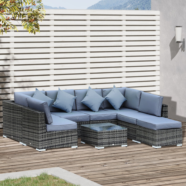 Outsunny 7-Seater Rattan Sofa Set Garden Furniture Aluminium Patio Set Wicker Seater w/Table, Grey