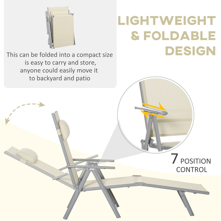 Outsunny Outdoor Folding Chaise Lounge Chair Recliner with Portable Design & 7 Adjustable Backrest Positions , Steel Fabric Sun Lounger- Beige