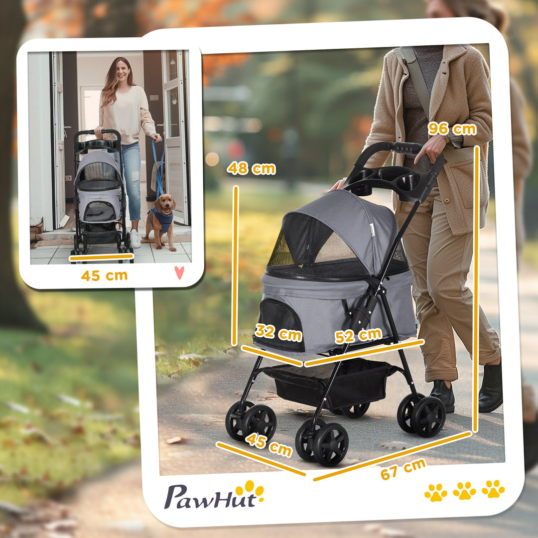 PawHut No-Zip Pet Stroller Dog Cat Travel Pushchair One-Click Fold Trolley Jogger with EVA Wheels Brake Basket Adjustable Canopy Safety Leash Grey