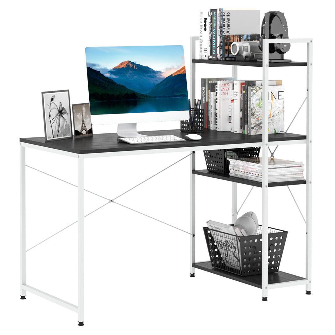Computer Desk PC Table Study Workstation Home Office with 4-tier Bookshelf Storage Metal Frame Wooden Top (Black & White)
