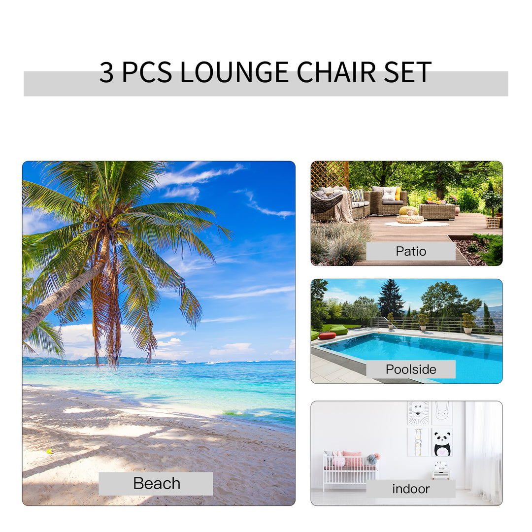 3 Pieces Lounge Chair Set Garden Outdoor Recliner Sunbathing Chair with Table, Light Grey