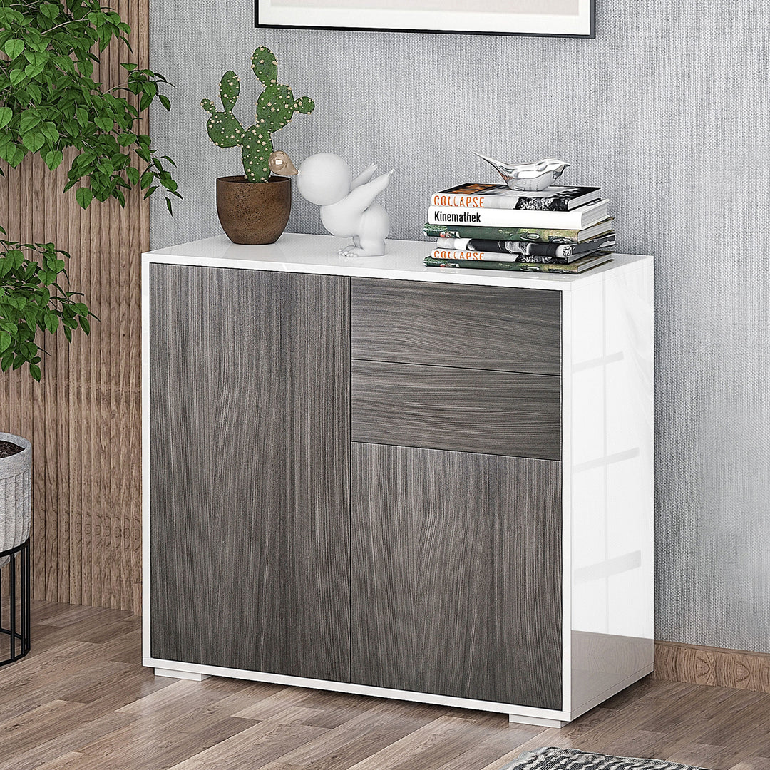 Modern Stylish Freestanding Push-Open Design Cabinet with 2 Drawer, 2 Door Cabinet, 2 Part Inner Space Light Grey and White