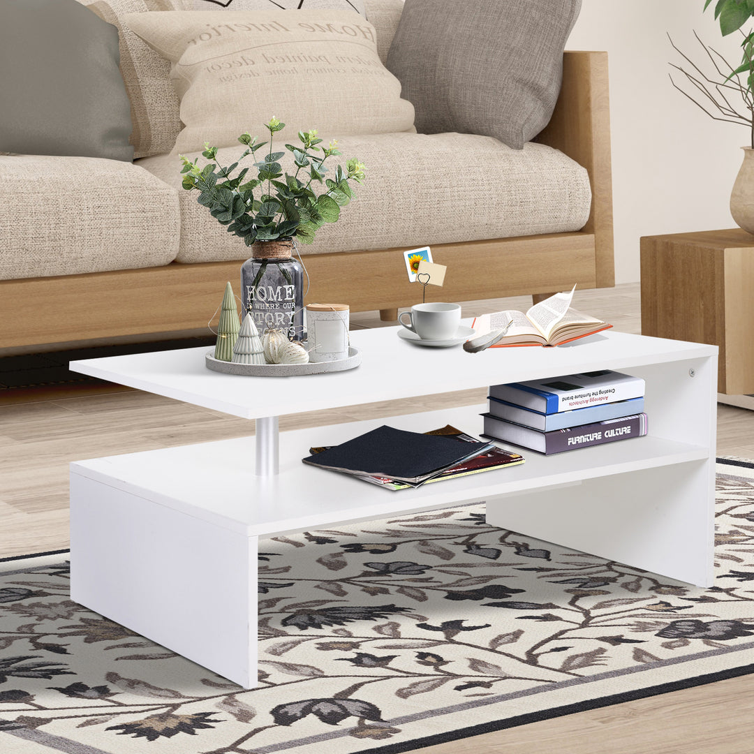 HOMCOM 2-Tier Coffee Table Side/End Table Modern Rectangular Design w/ Open Shelf Living Room Entryway Hallway Furniture White