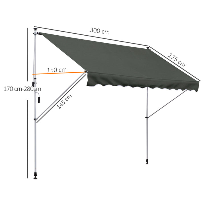 Balcony 3 x 1.5m Manual Adjustable Awning DIY Patio Clamp Awning Canopy  Retractable Shade Shelter - Grey