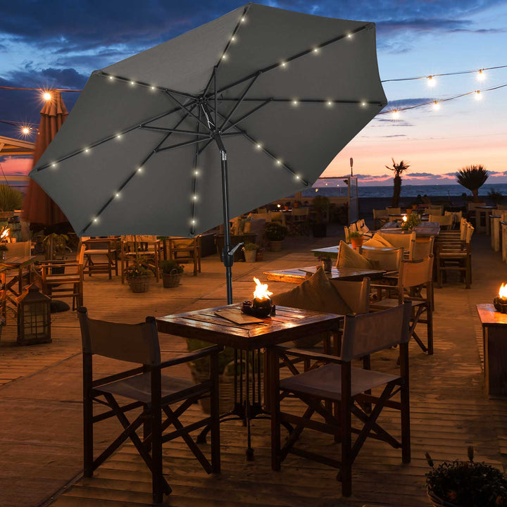 Garden 24 LED Light Parasol Outdoor Tilt Sun Umbrella Patio Club Party Event Manual Sun Shade w/ Hand Crank Grey
