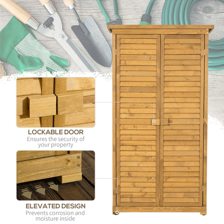 Outsunny Wooden Garden Storage Shed, Compact Utility Sentry Unit, 3-Tier Shelves Tool Cabinet Organizer with Asphalt Roof and Shutter Design
