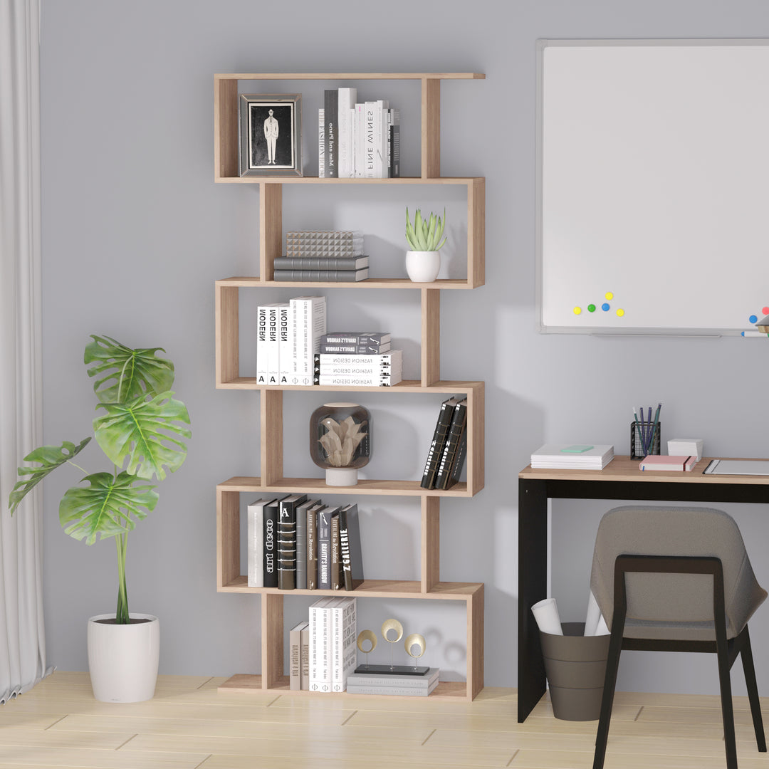 Wooden Wood S Shape Storage Display 6 Shelves Room Divider Unit Chest Bookshelf Bookcase Cupboard Cabinet Home Office Furniture (Maple)